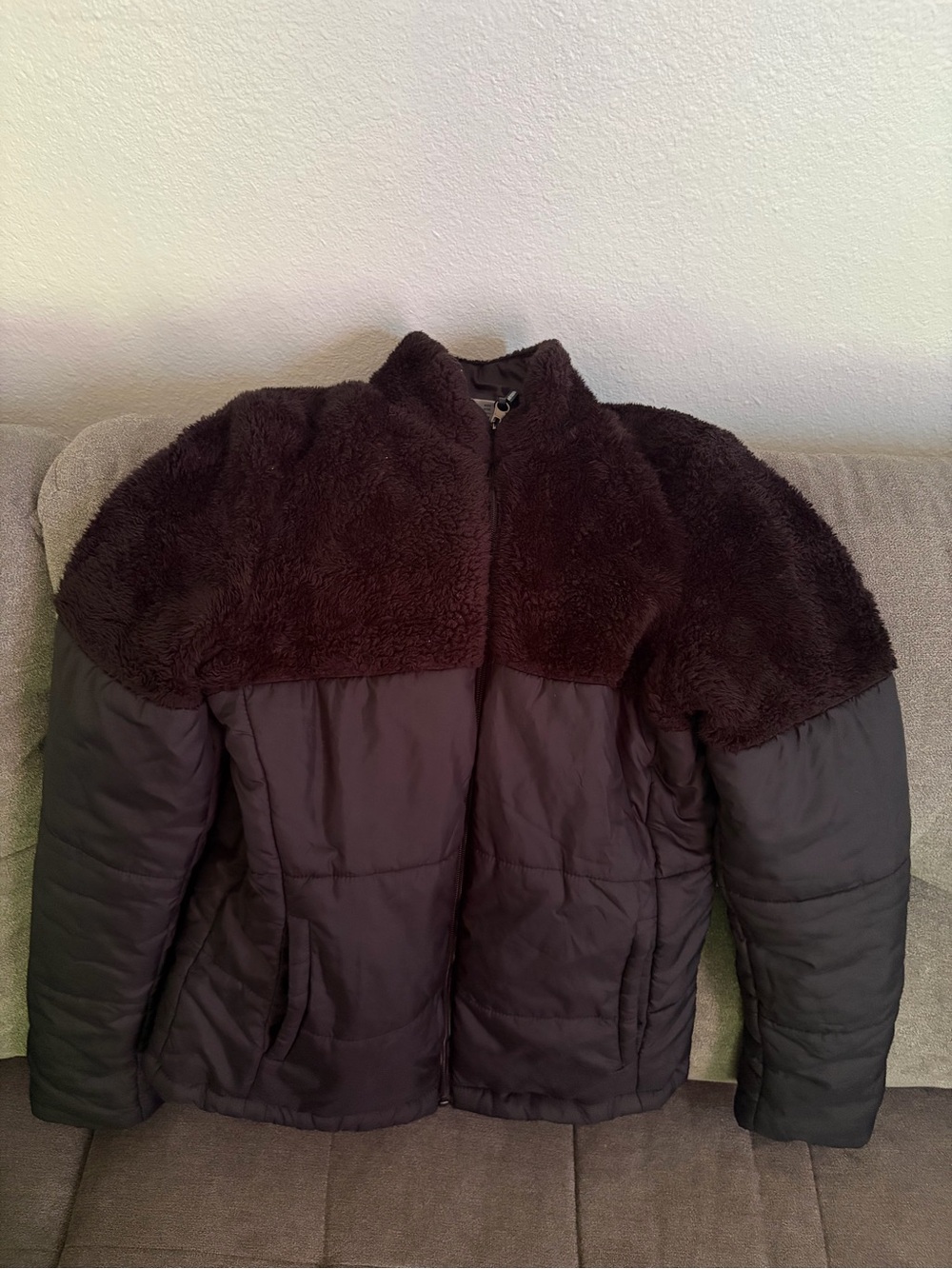 New Balance Black Faux Shearling Yoke Puffer Jacket